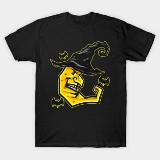 Evil Yellow Moon With Witch Hat Bat Flying On Halloween T-Shirt